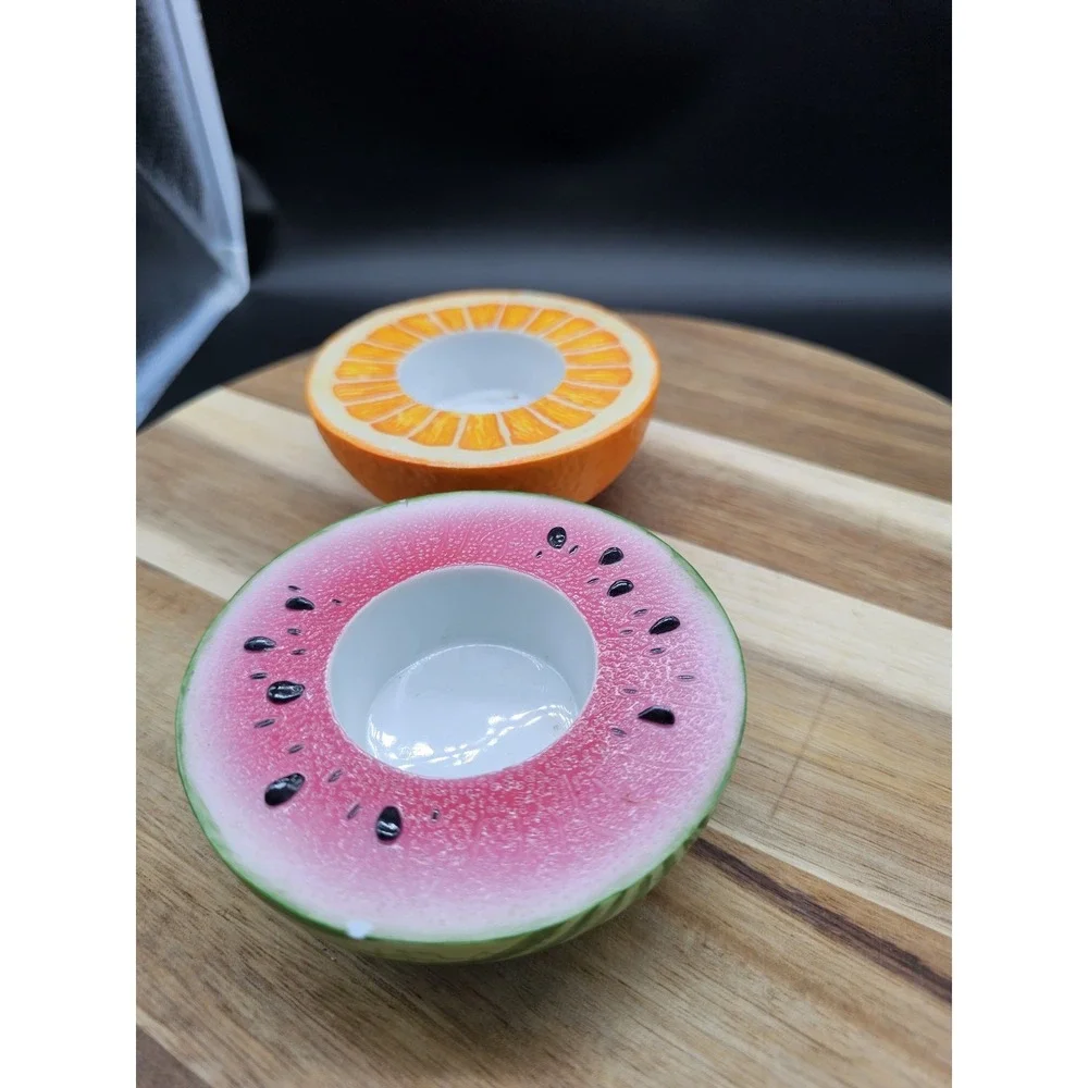 Vintage Pair Of Ceramic Partylite Fruit Votive Candle Holder Orange & Watermelon - Picture 2 of 8